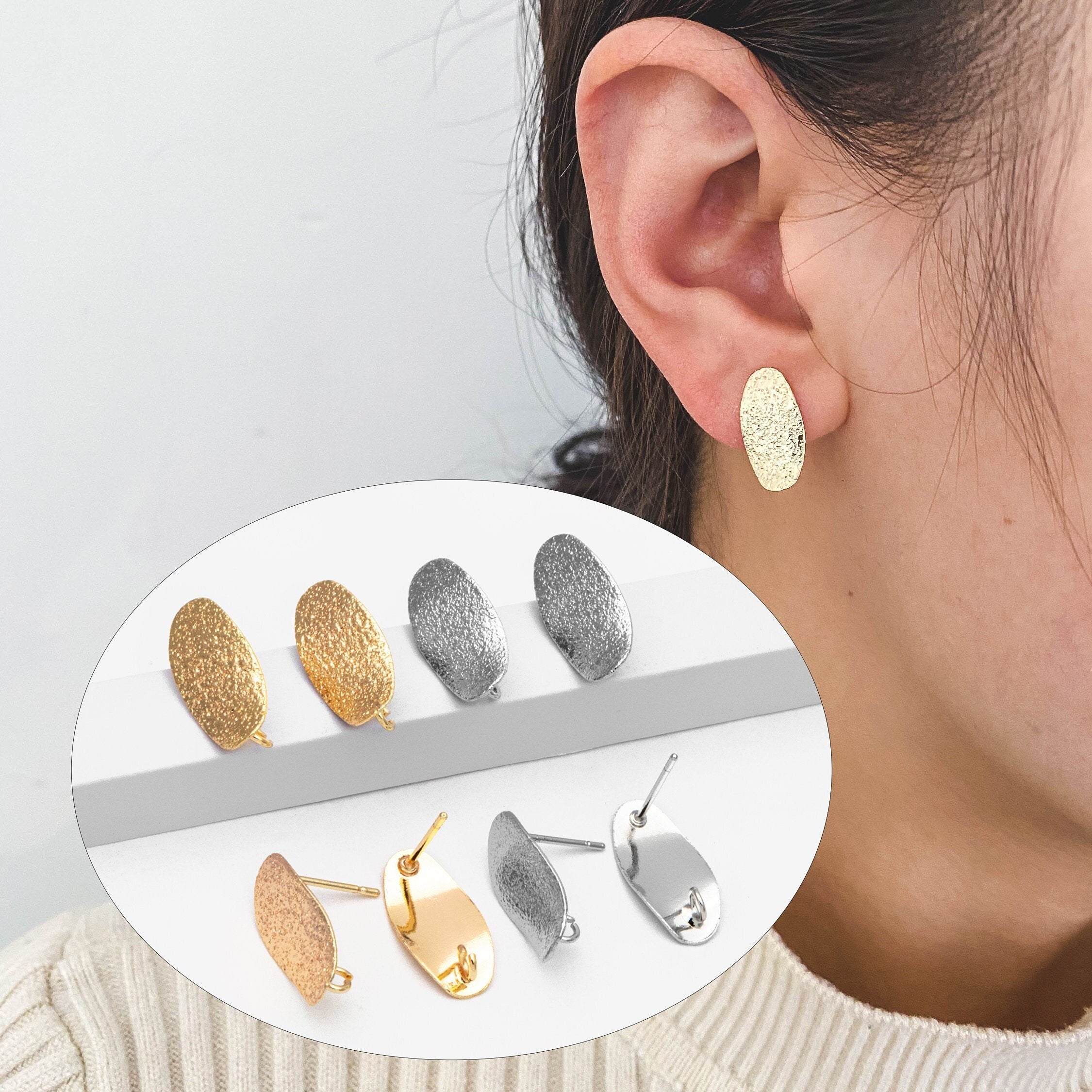 10pcs Matte Gold/ Silver tone Oval Ear Posts 16x8mm,Gold/ Rhodium plated Brass Geometric Earring Studs (GB-2134)